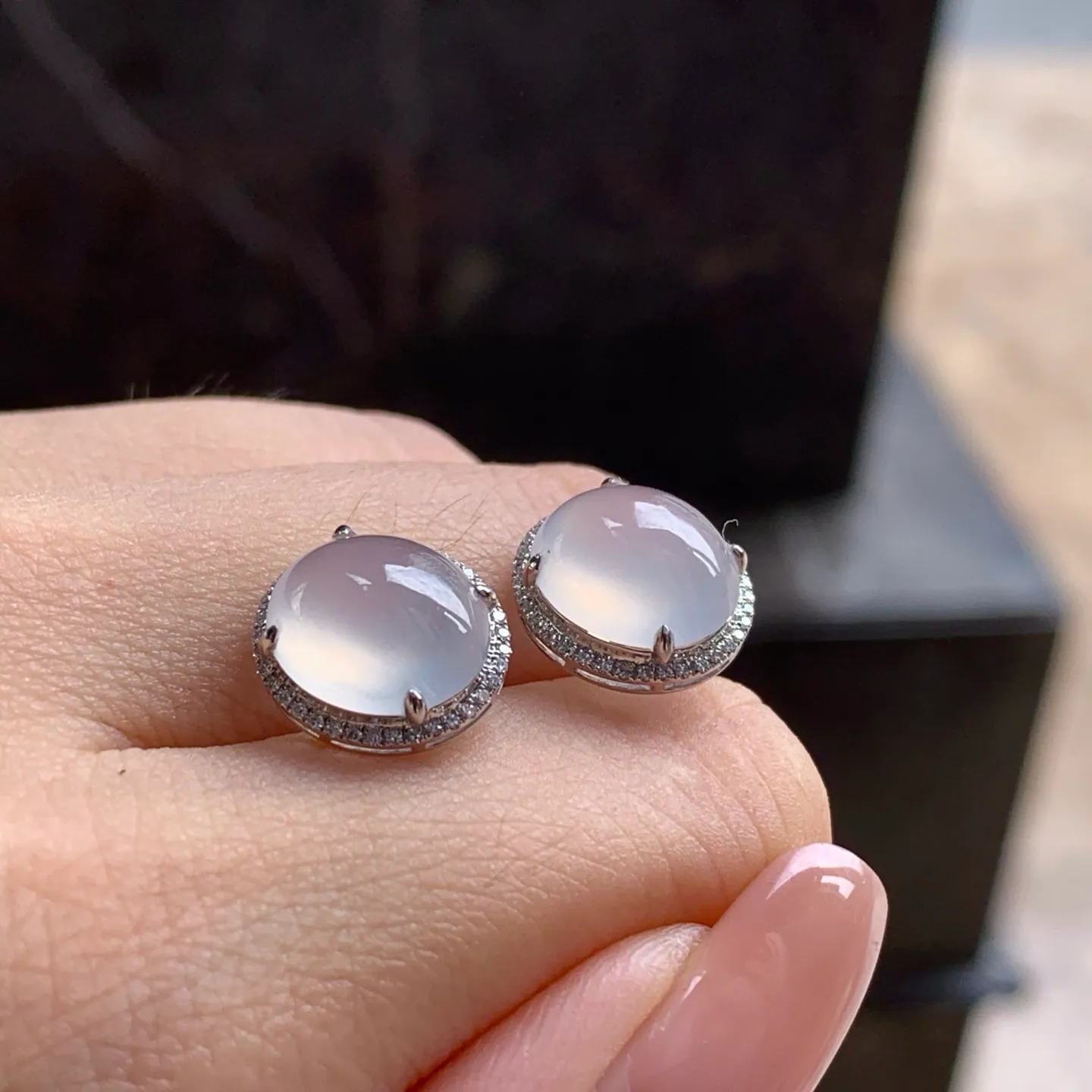 Type A Jadeite Stud Earrings, Icy Clear Cabochon, Gold Set (5)