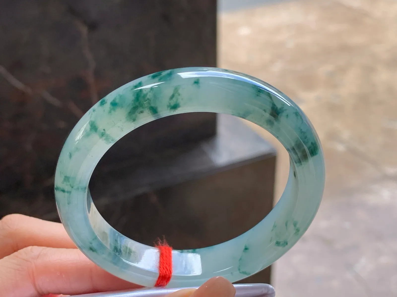 Type A Jadeite Bangle, Icy, Green Floating Flowers, 57.5mm