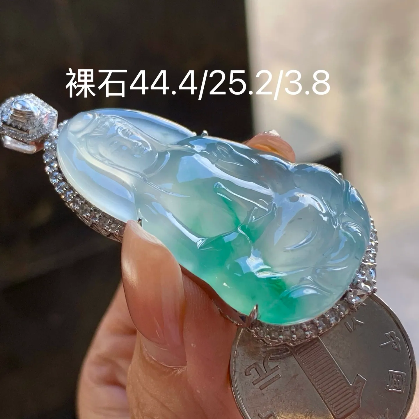Type A Jadeite Guanyin Pendant, Icy Green Flower, 18K Gold (7)