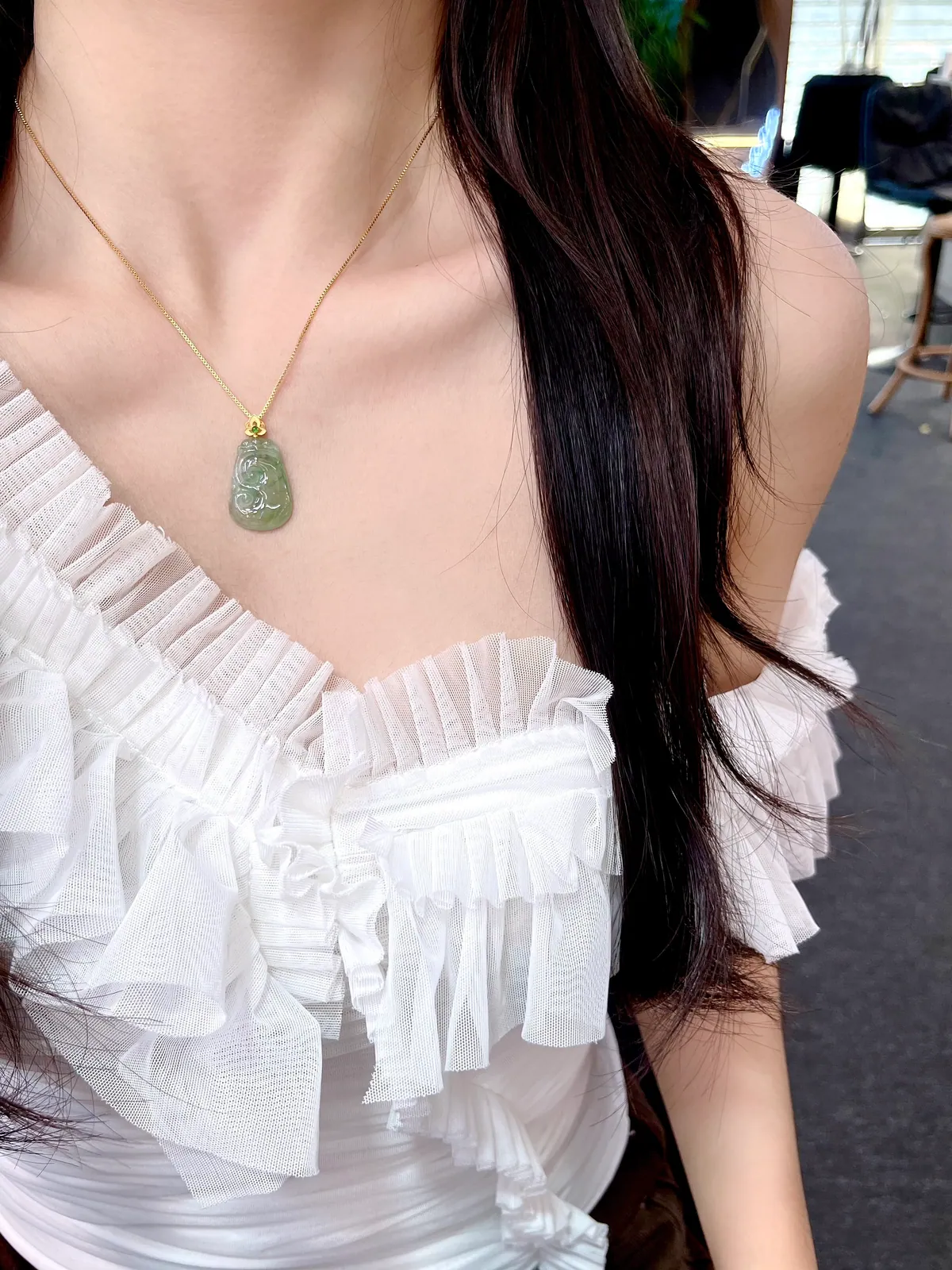 Type A Jadeite Ruyi Pendant, Icy Light Green, 18K Gold Bail (5)
