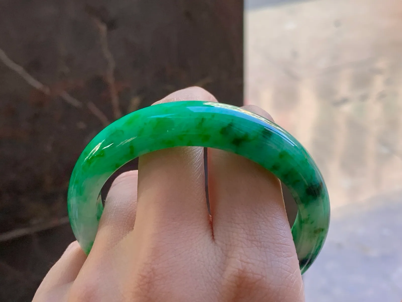 Natural Type A Jadeite Bangle, Vivid Green Flowers, 56mm (10)