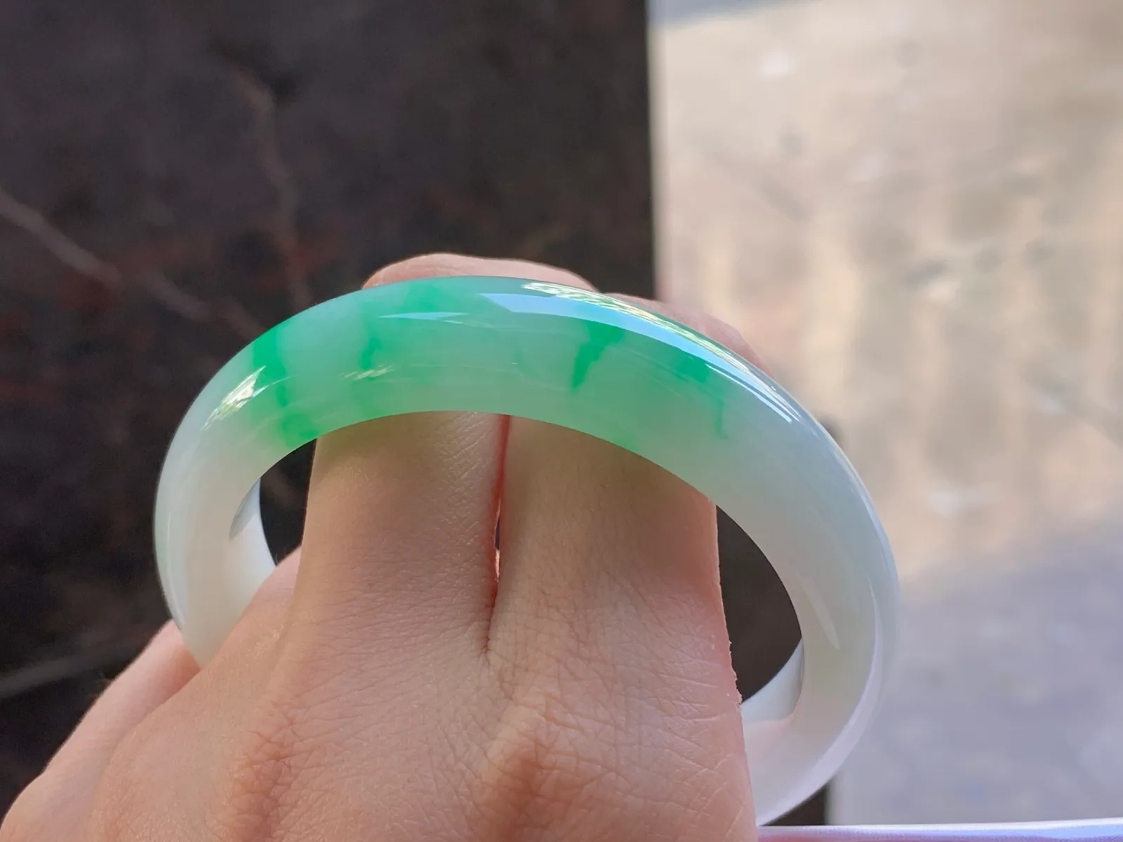 Type A Jadeite Flat Bangle, White and Green, 55.6mm (9)