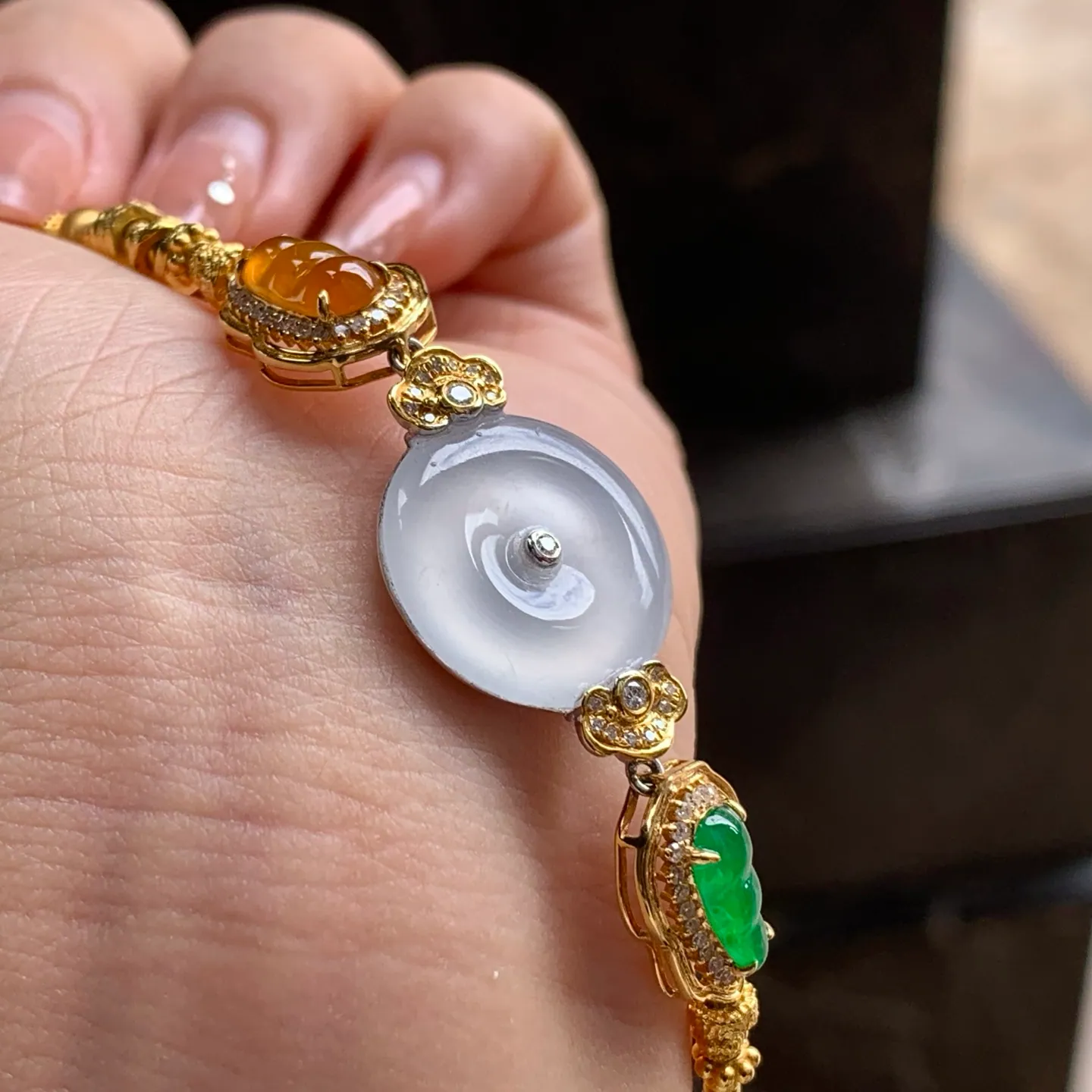 Type A Jadeite Gold Bracelet, Icy Safety Coin, Multicolor (8)