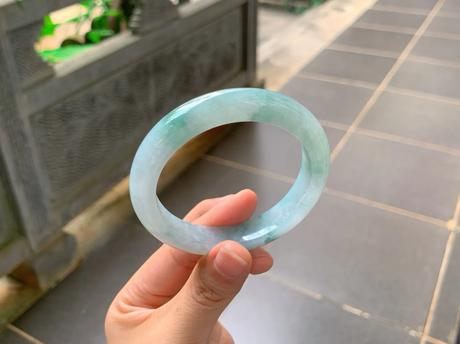 Type A Jadeite Ping'an Bangle, Icy Blue-Green Flower, 56mm