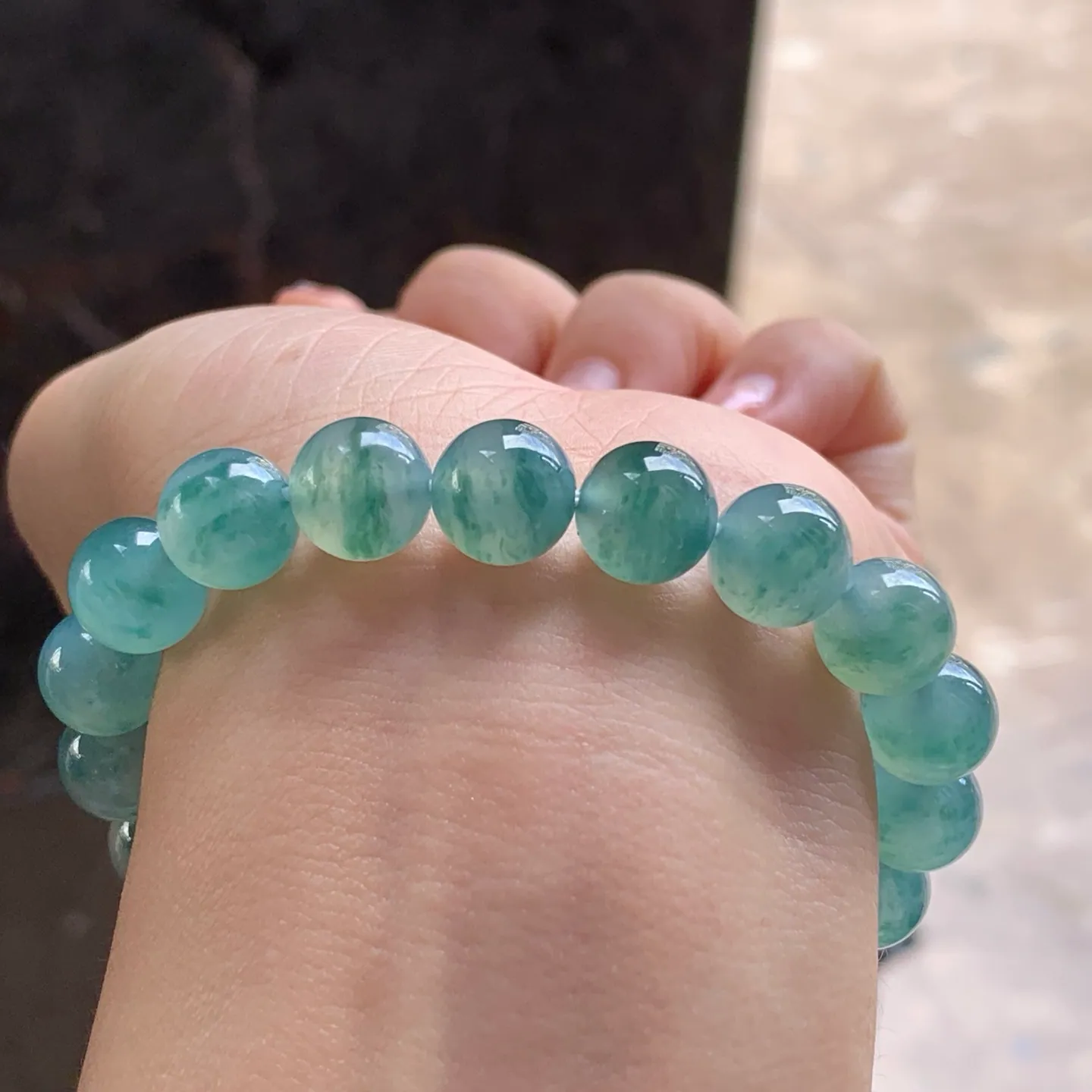 Type A Jadeite Bead Bracelet, Icy Blue Water Flower, 9.8mm (5)