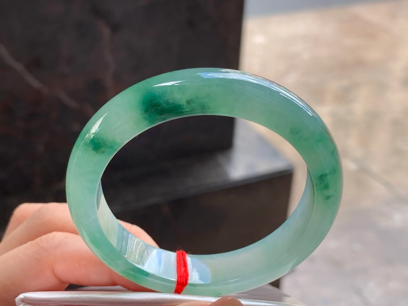 Type A Jadeite Bangle, Icy, Green Floating Flowers, 54mm