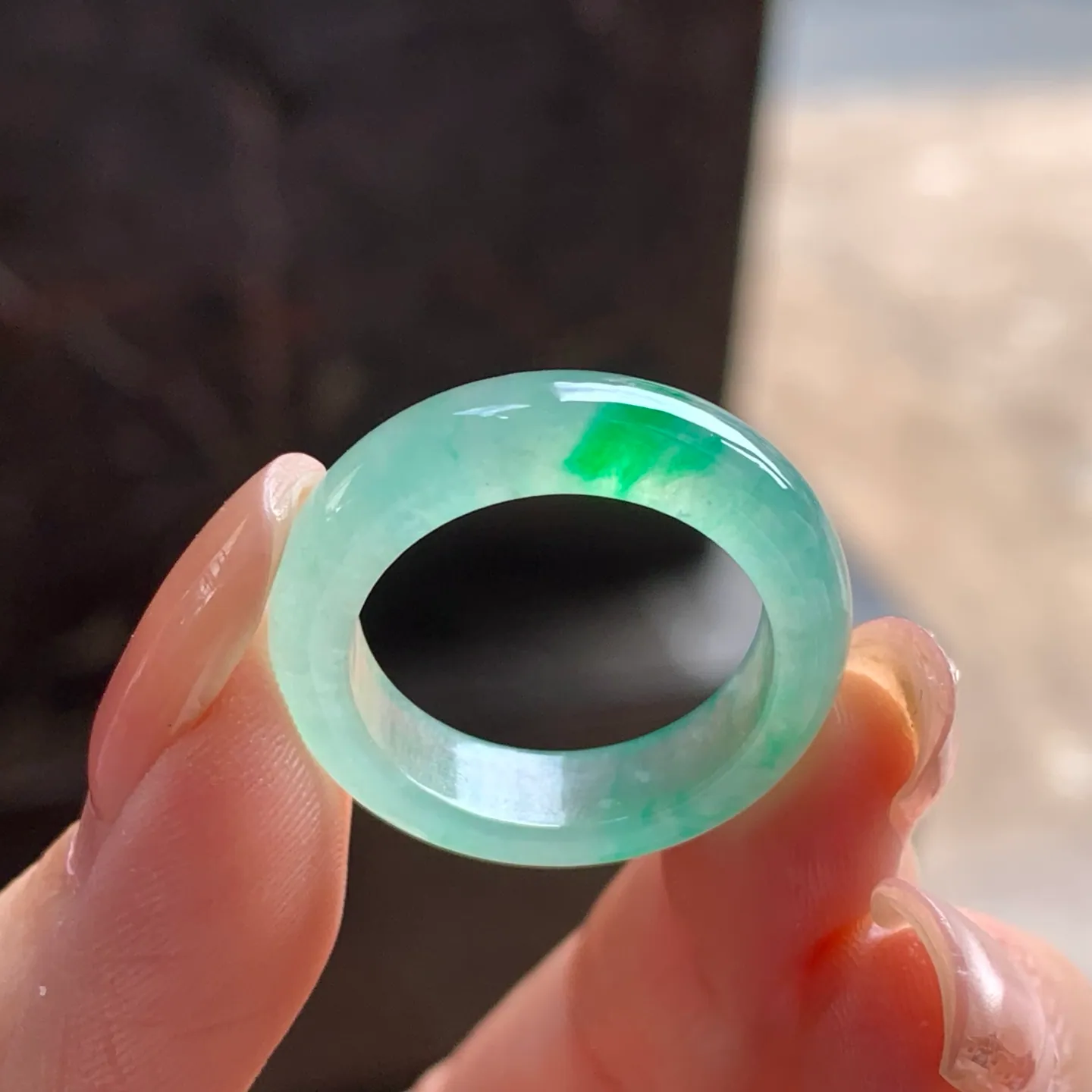 Type A Jadeite Band Ring, Icy Green Flower, 18.1mm