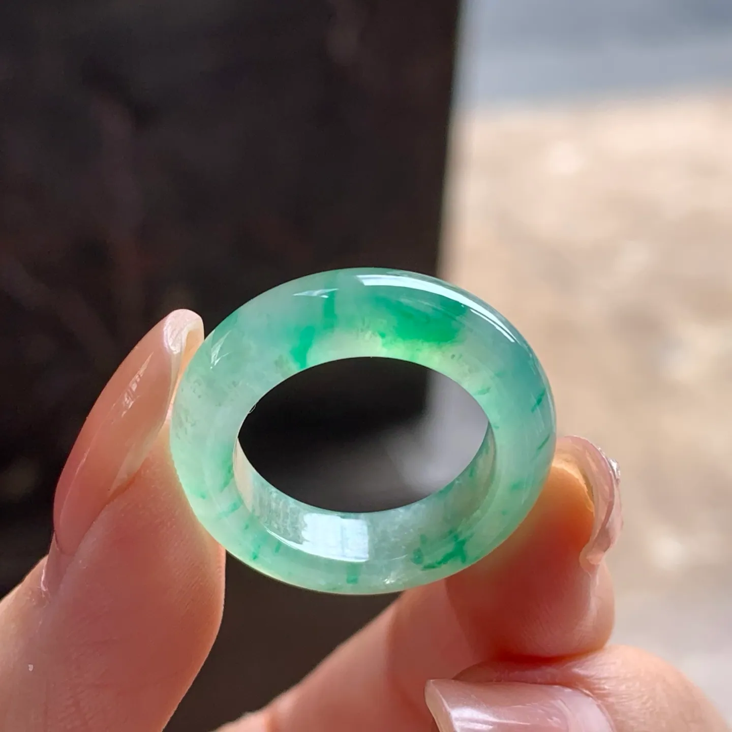 Type A Jadeite Band Ring, Icy Green Flower, Wide, 17.1mm (3)