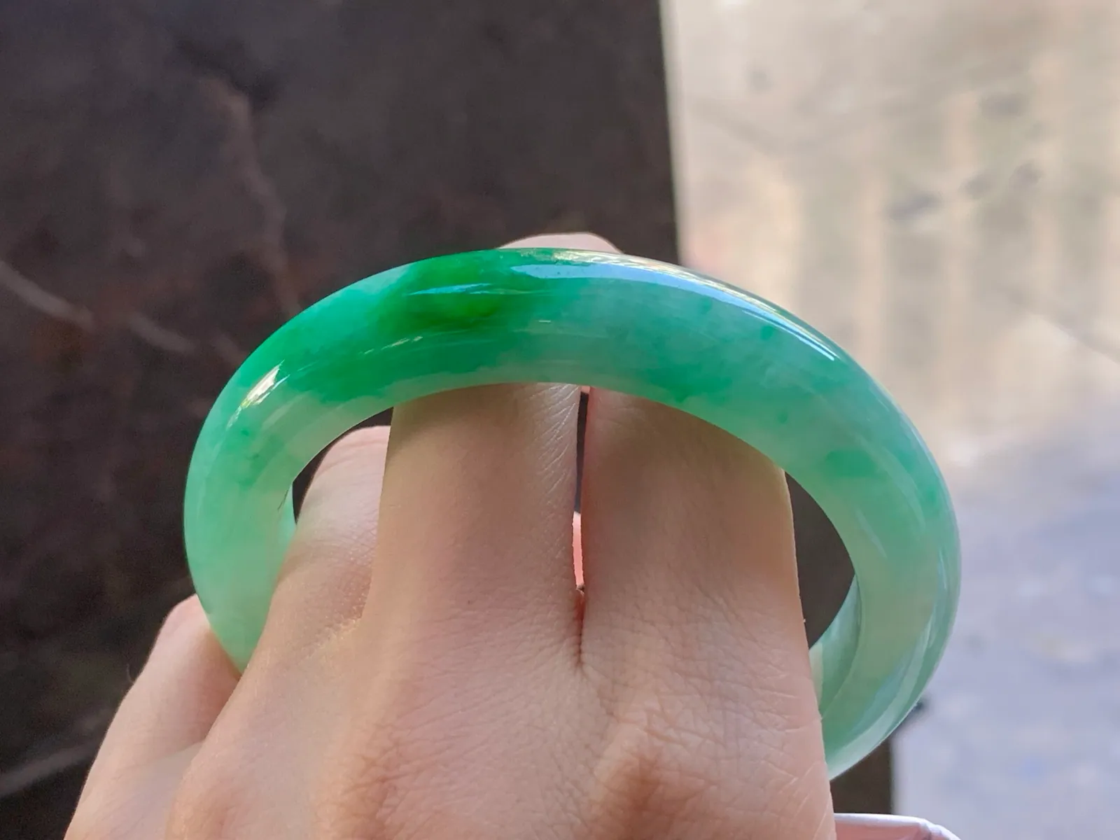 Type A Jadeite Flat Bangle, Green Patches, 57.6mm (10)