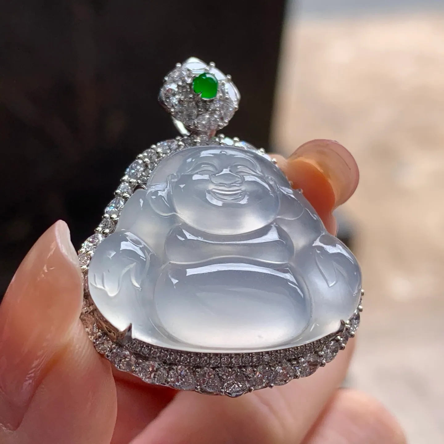 Type A Jadeite Laughing Buddha Pendant, Colorless, 18K Gold (3)