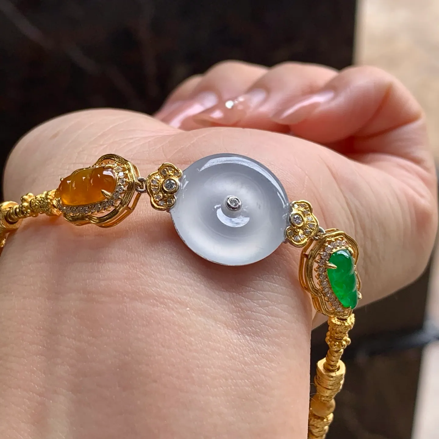 Type A Jadeite Gold Bracelet, Icy Safety Coin, Multicolor (7)