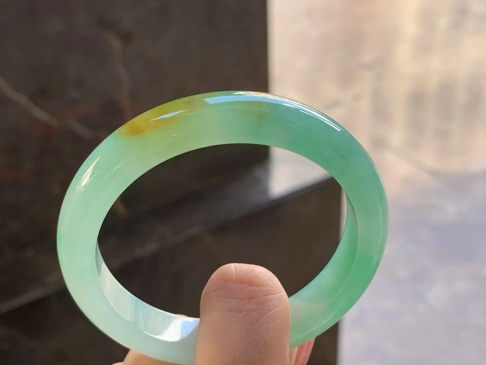 天然A货翡翠 糯冰种 晴绿黄翡 正装手镯 圈口54.2mm (5)