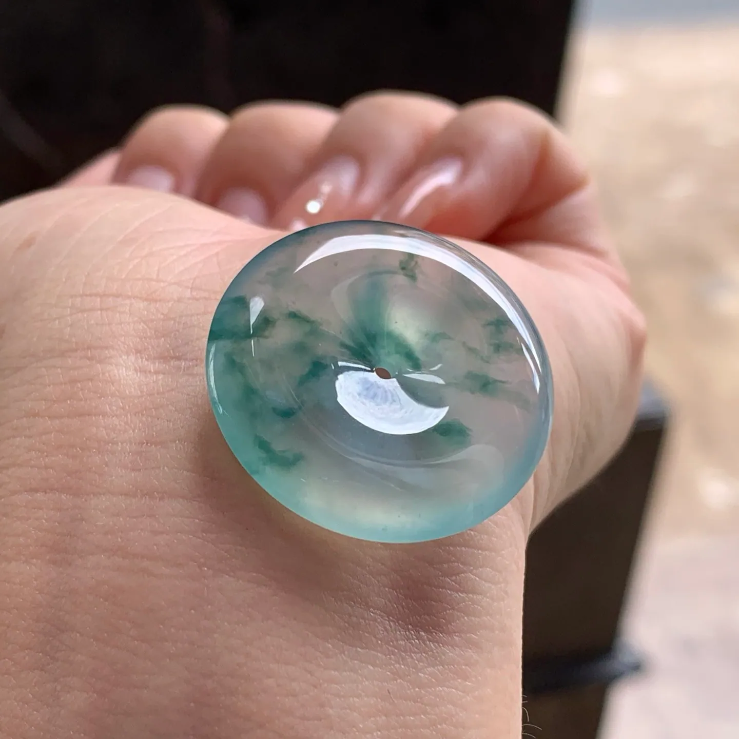 Type A Jadeite Donut Pendant, Icy Green Flower, 28.4mm