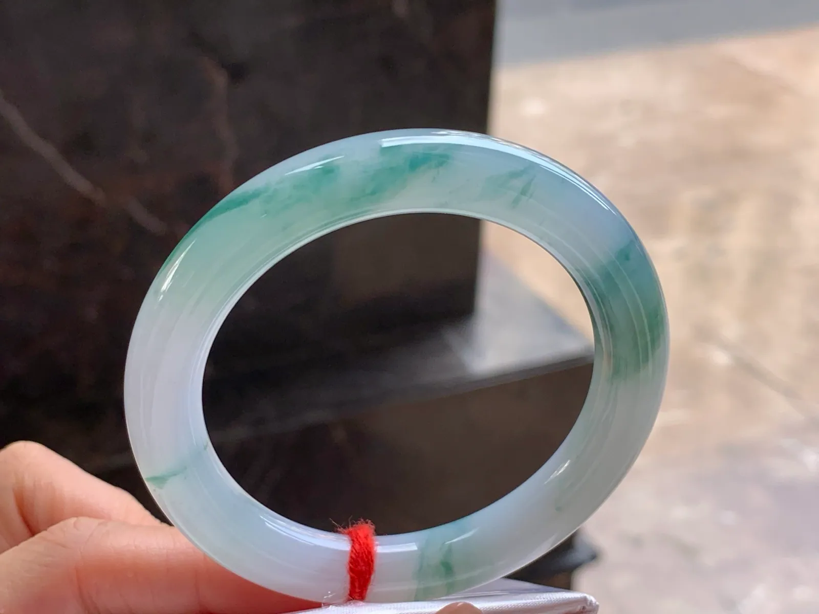 Type A Jadeite Round Bangle, Blue-Green Flower, 54.5mm (3)