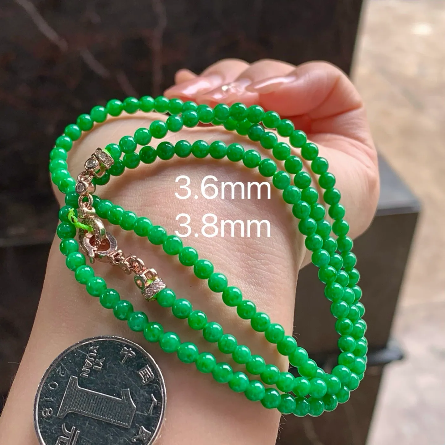 Type A Jadeite Bead Strand, Full Bright Green, 3.6–3.8mm