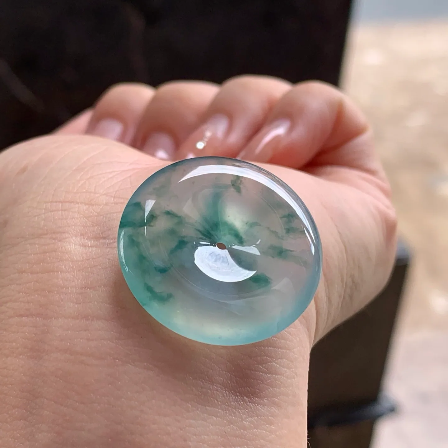 Type A Jadeite Donut Pendant, Icy Green Flower, 28.4mm (4)