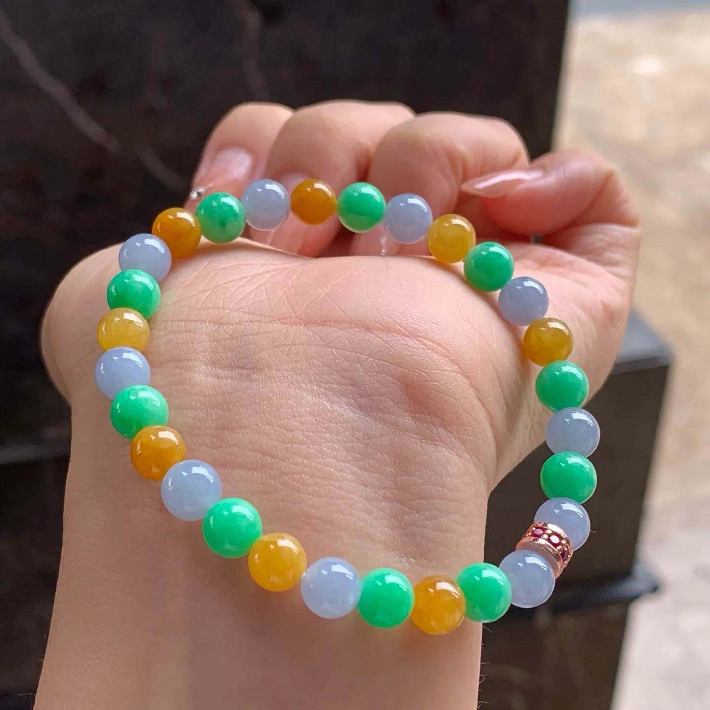 Type A Jadeite Bead Bracelet, Fu Lu Shou 3 Colors, 6.5mm (3)