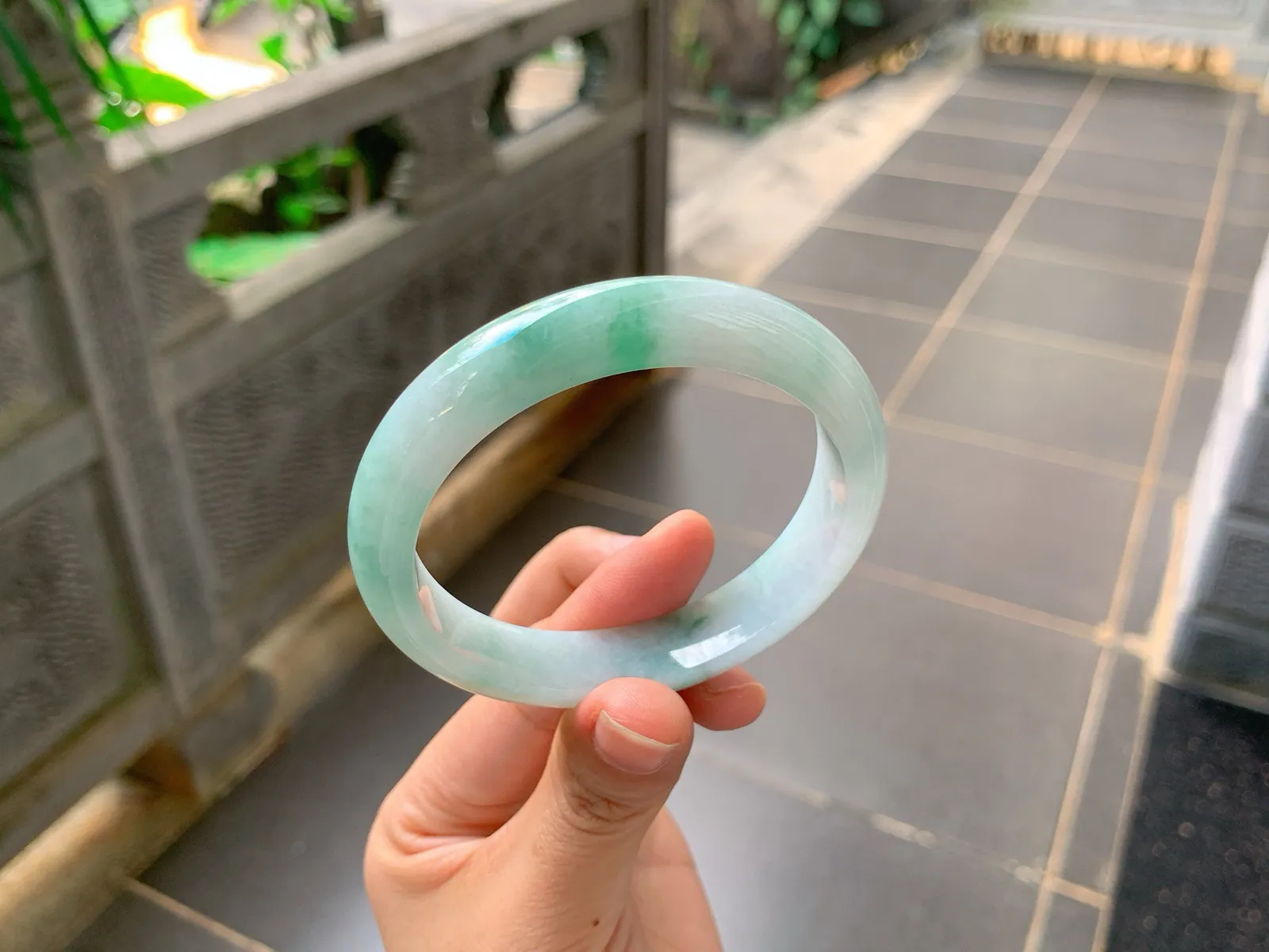 Type A Jadeite Ping'an Bangle, Green Floating Color, 57mm (3)