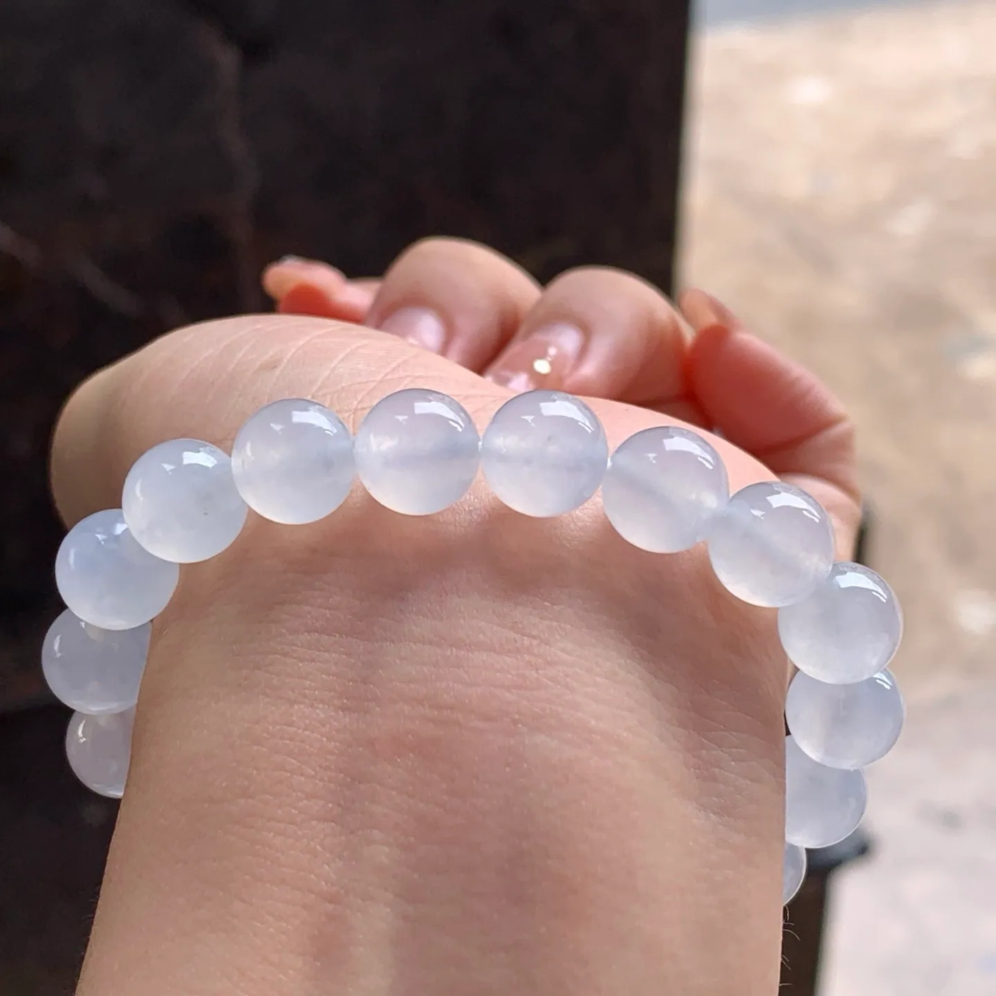 Type A Jadeite Bead Bracelet, Icy White, 9.7mm (5)