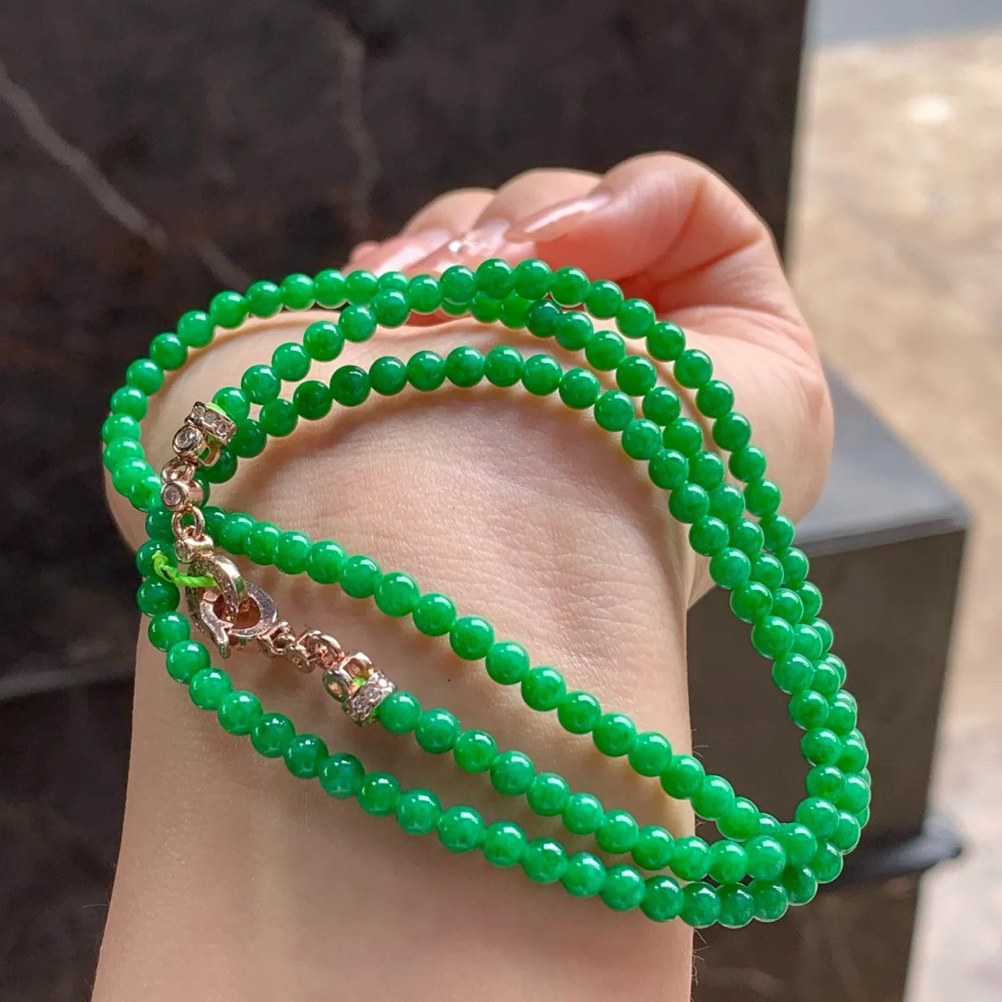 Type A Jadeite Bead Strand, Full Bright Green, 3.6–3.8mm (3)