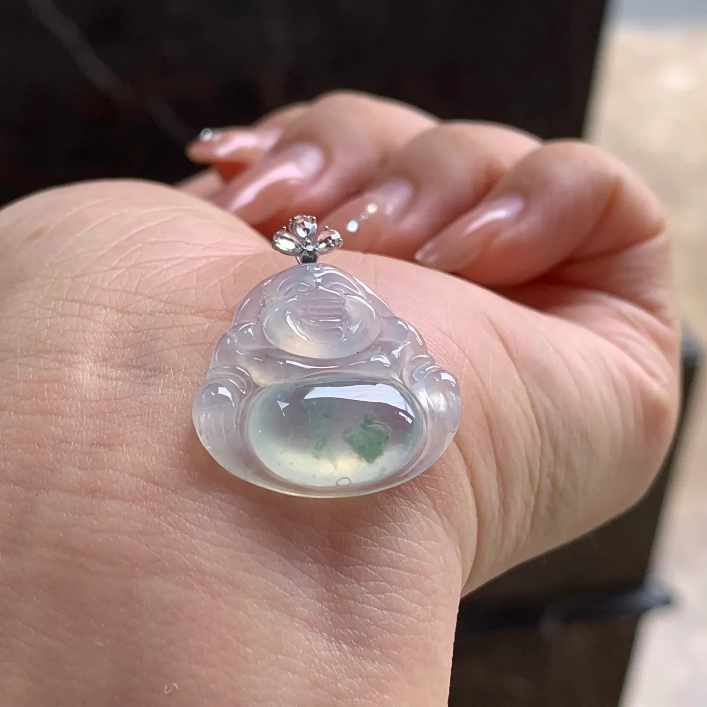 Type A Jadeite Buddha Pendant, Icy Floating Flower, 18K Bail (3)
