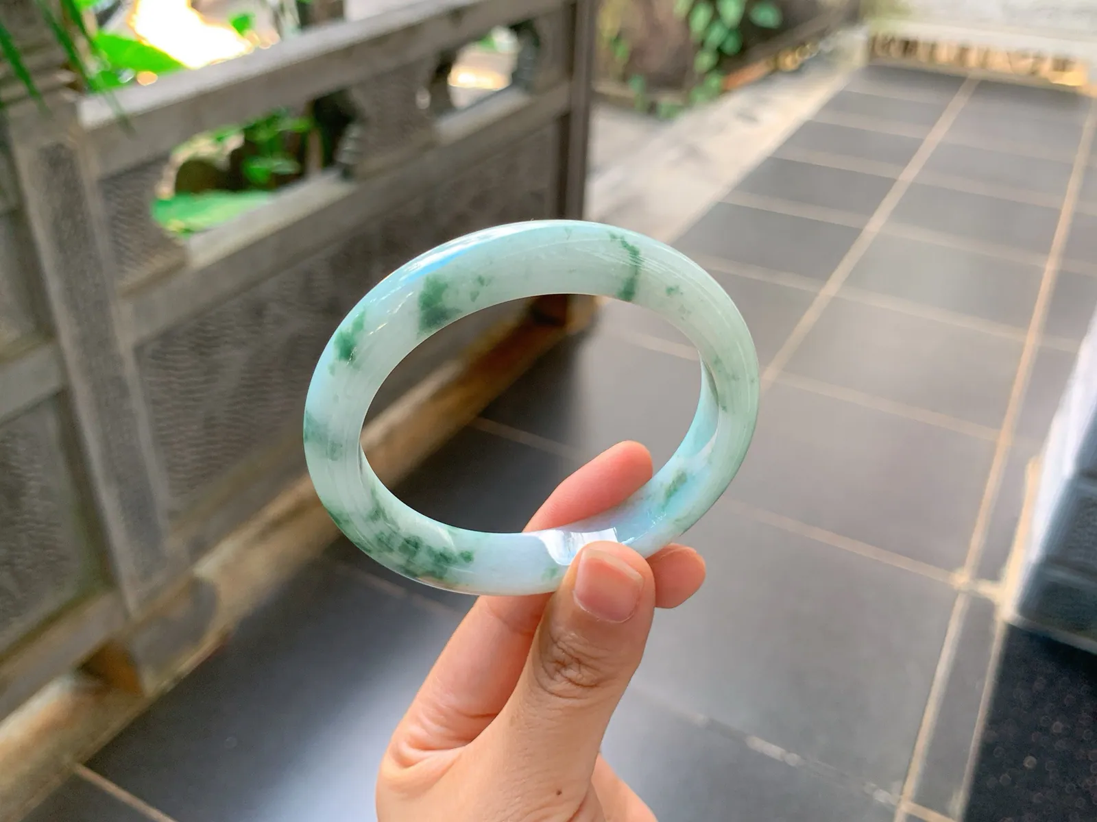 Type A Jadeite Ping'an Bangle, Ink-Wash Flower, 58mm (5)