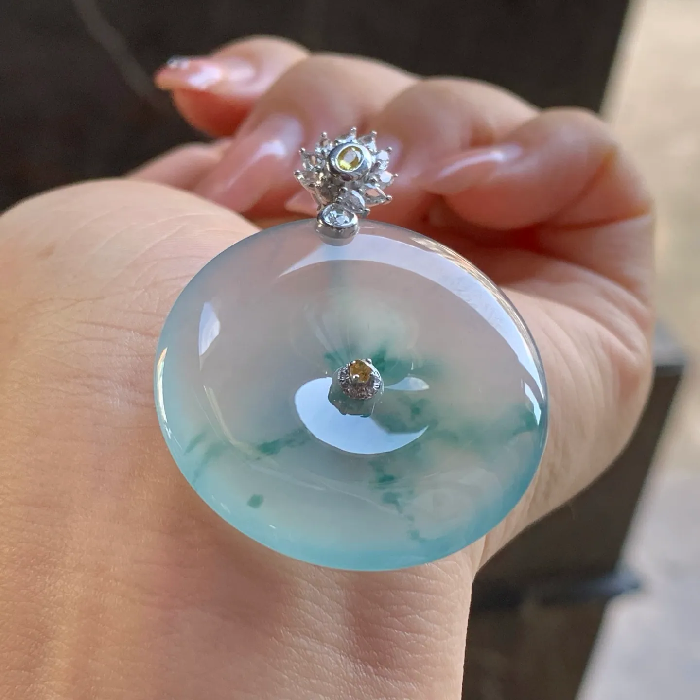 Type A Jadeite Safety Coin Pendant, Icy Flower, Gold Bail (4)