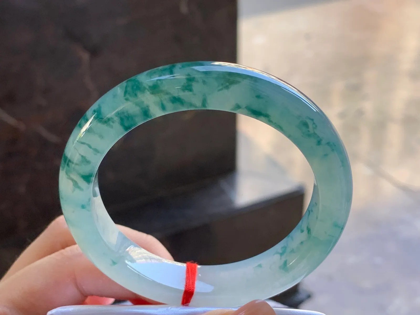 Type A Jadeite Flat Bangle, Icy Dense Blue Flower, 56.9mm (4)