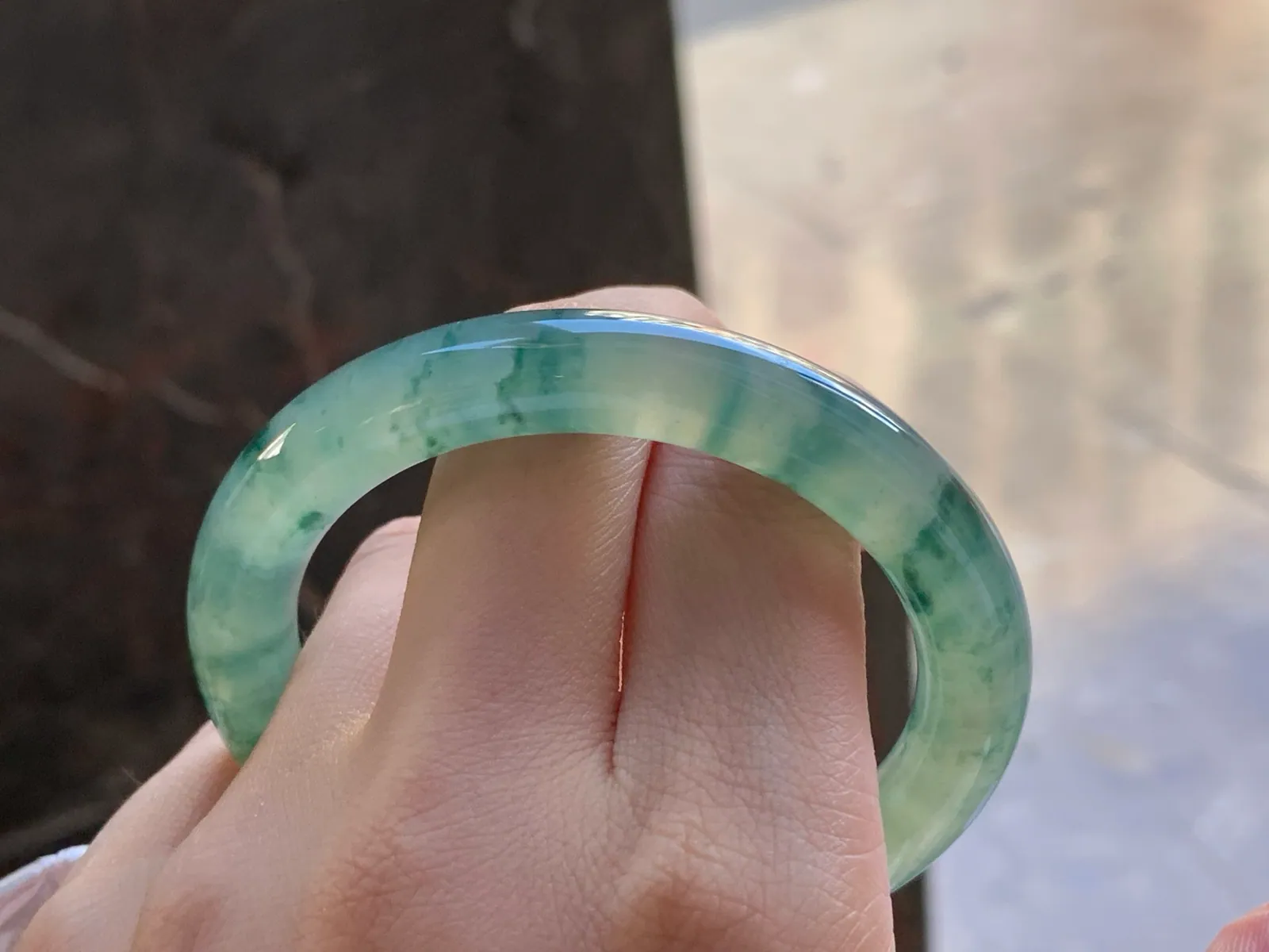 天然A货翡翠 冰种 飘花 圆条福镯 圈口54.2mm (10)