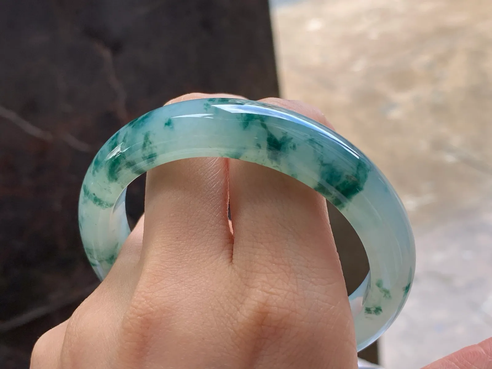 Type A Jadeite Bangle, Icy, Green Floating Flowers, 57.5mm (9)