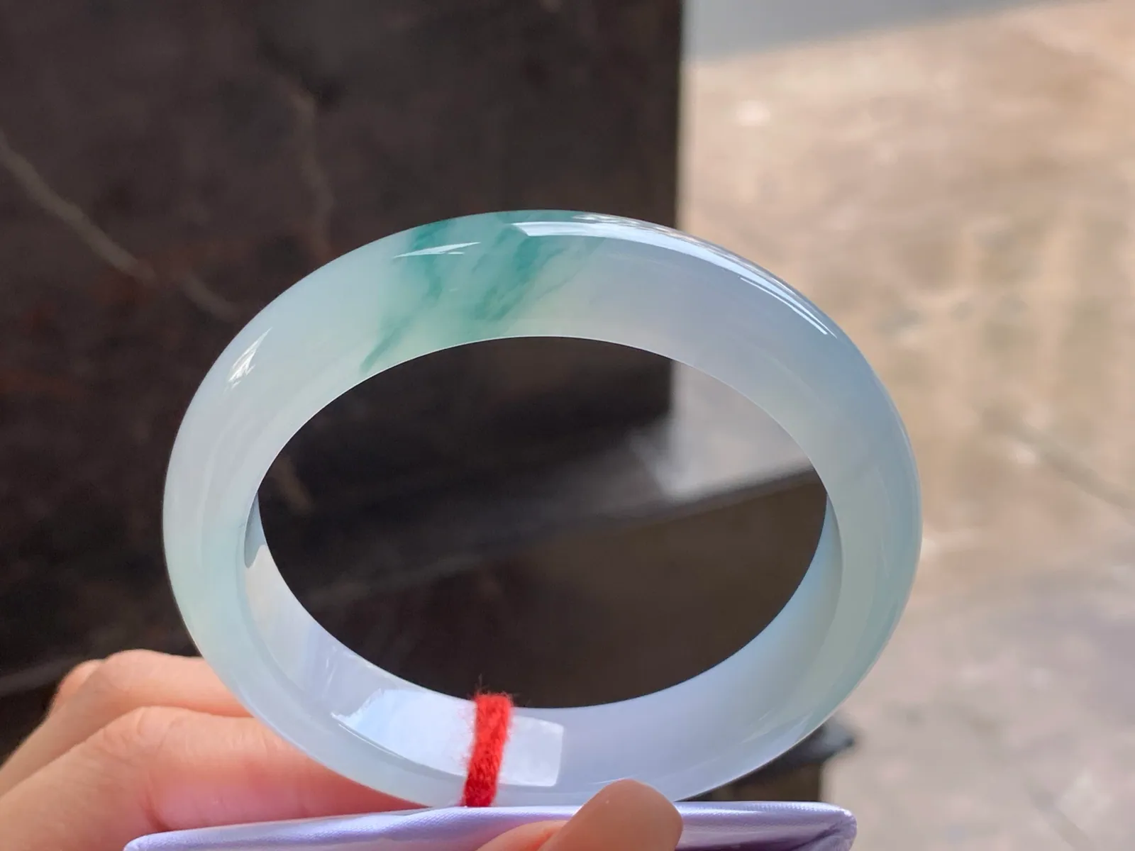 Type A Jadeite Flat Bangle, Blue-Green Flower, 57mm (4)