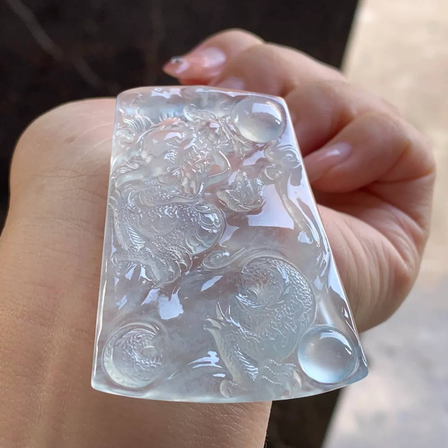 Type A Jadeite Dragon Plaque Pendant, Icy Clear, 57mm (4)