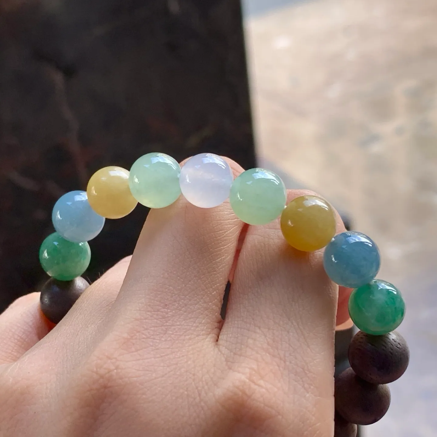 Type A Jadeite and Wood Bead Bracelet, Multicolor, 9.7mm (7)