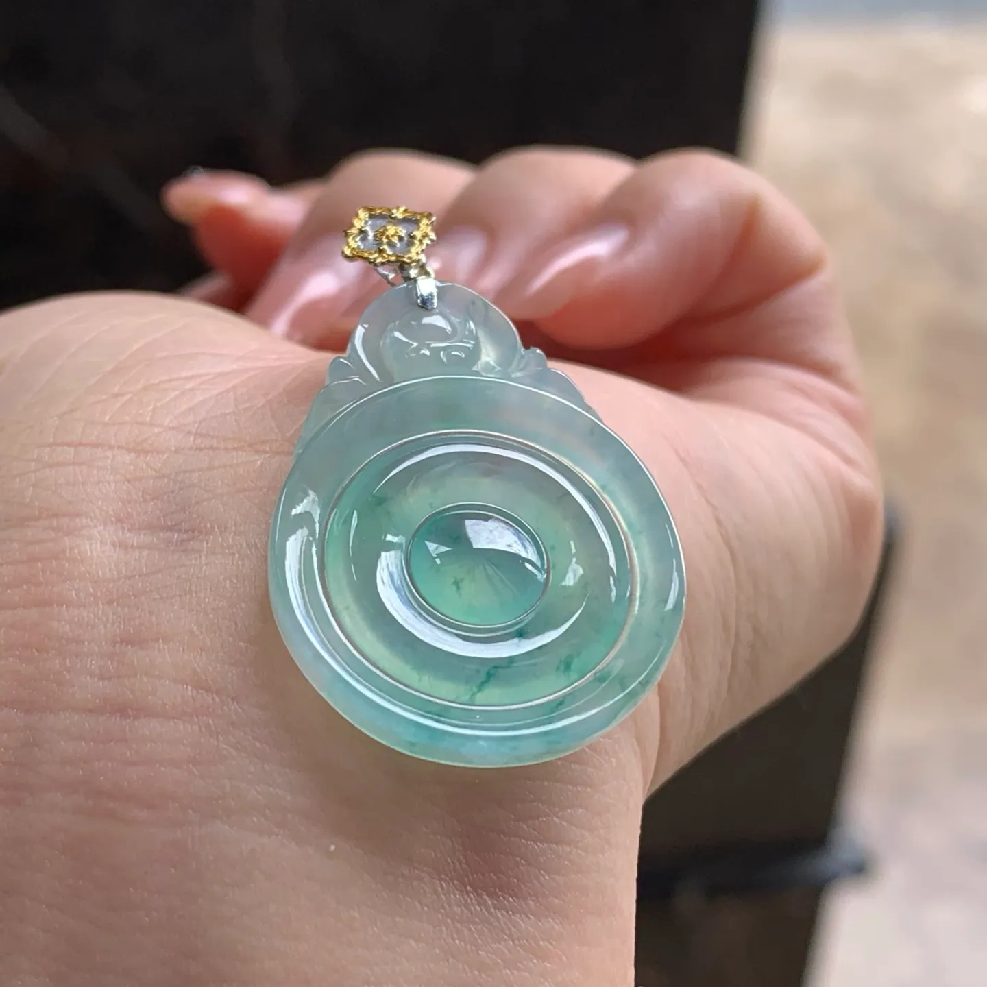 Type A Jadeite Fu Bei Pendant, Icy Blue Flower, Gold Bail