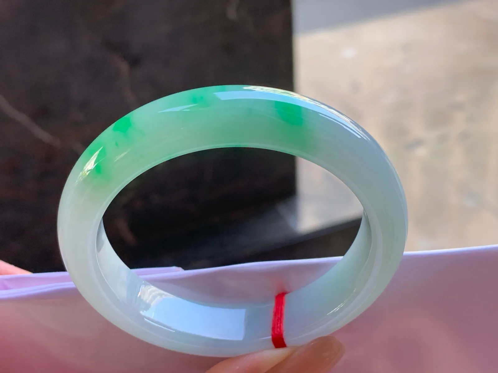 Type A Jadeite Flat Bangle, White and Green, 55.6mm (7)
