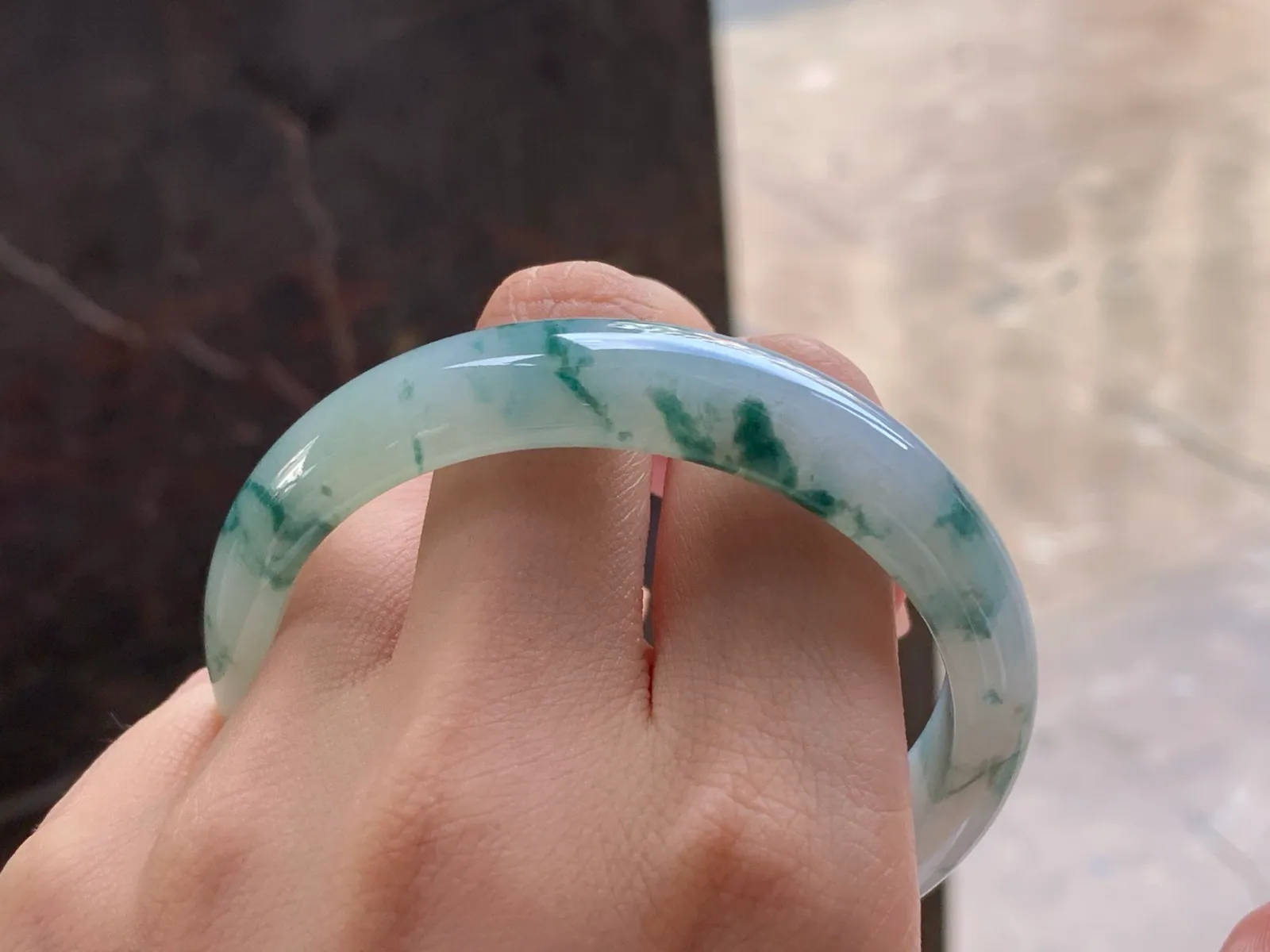Natural Type A Jadeite Bangle, Floating Green Flowers, 57mm (10)