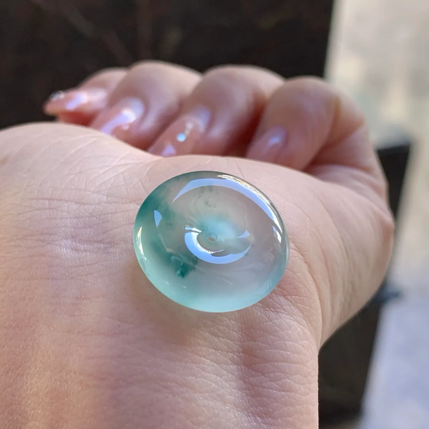 Type A Jadeite Safety Coin Pendant, Icy Blue Flower, 19.8mm