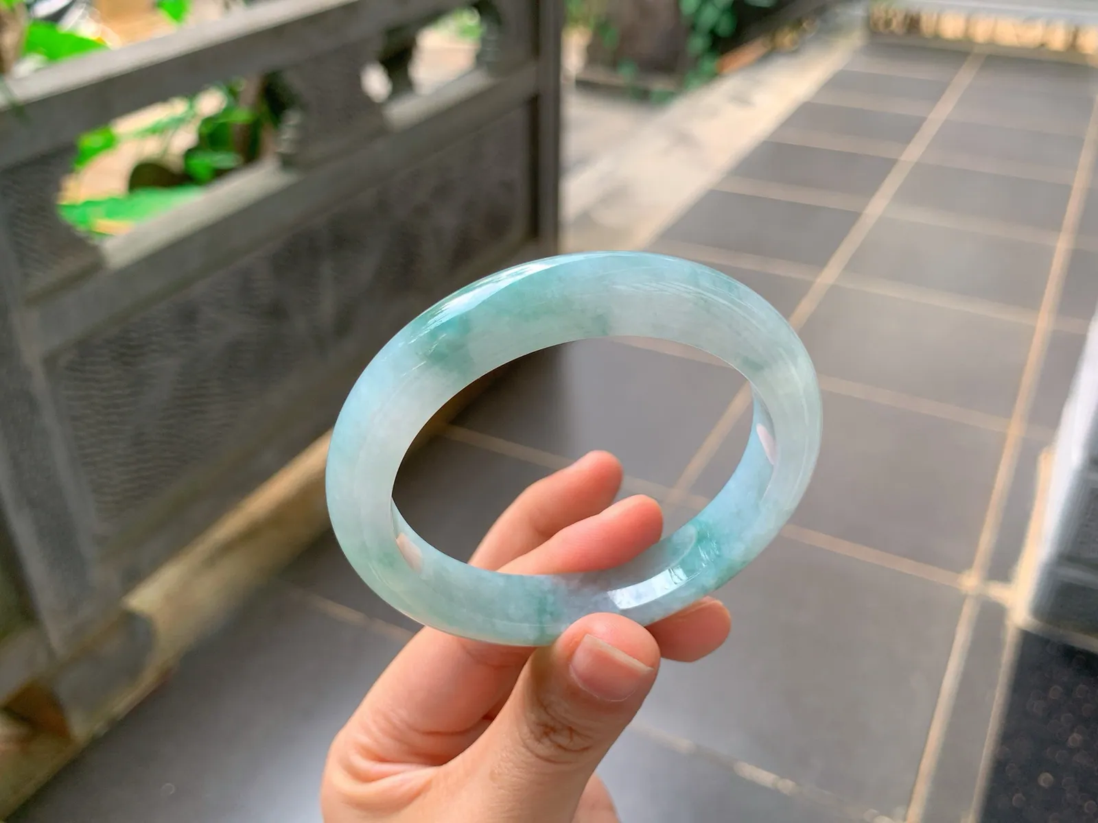 Type A Jadeite Ping'an Bangle, Icy Blue-Green Flower, 56mm (6)