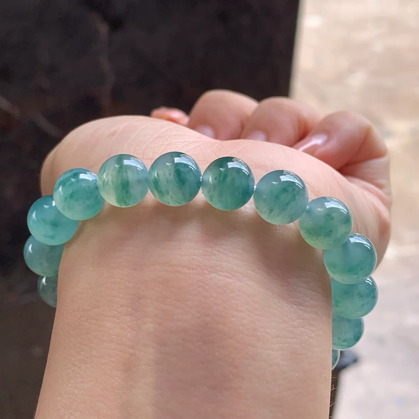 Type A Jadeite Bead Bracelet, Icy Blue Water Flower, 9.8mm (6)
