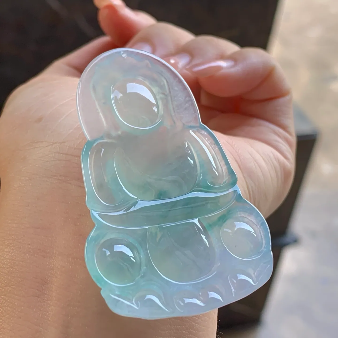 Type A Jadeite Guanyin Pendant, Icy Blue-Green, Lotus, 61mm (6)