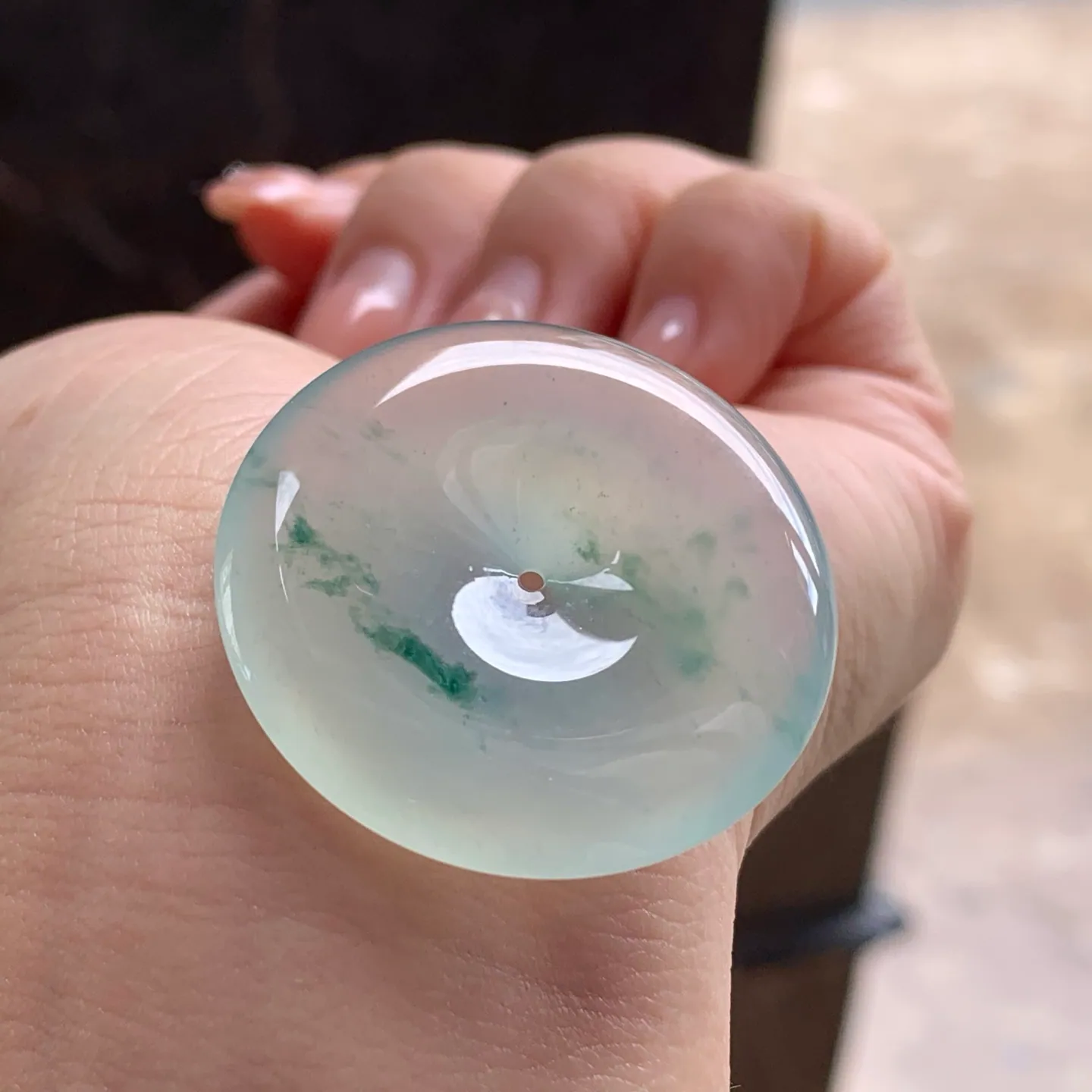 Type A Jadeite Safety Coin Pendant, Icy Blue Flower, 35mm (5)