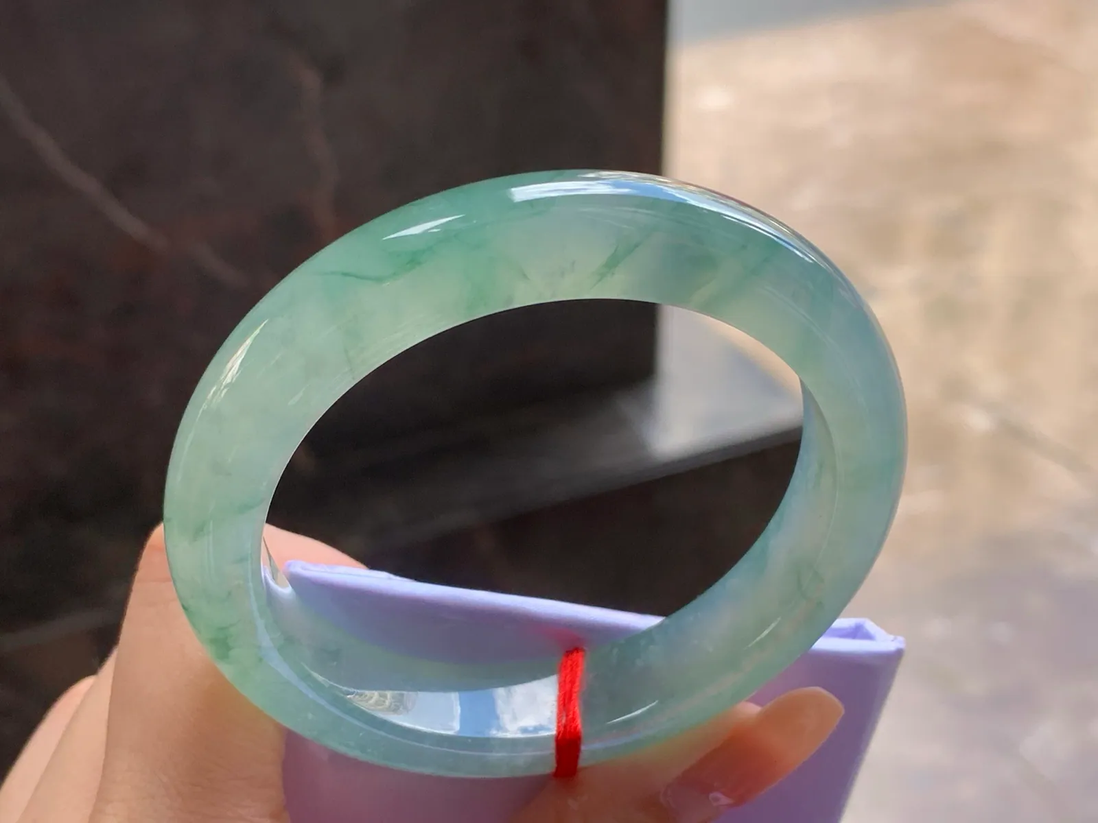 Type A Jadeite Flat Bangle, Icy Blue Flower, 56mm (6)
