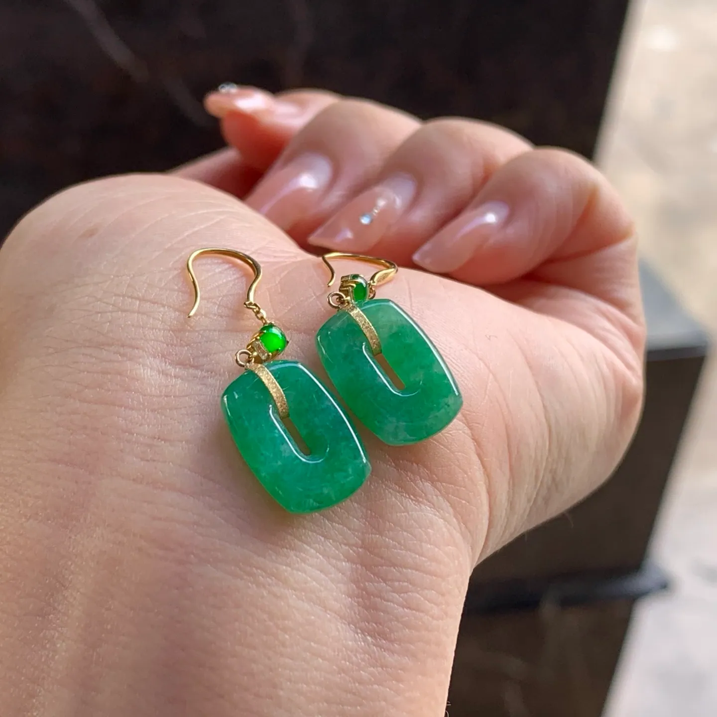 Type A Jadeite Earrings, Full Bright Green, 18K Gold