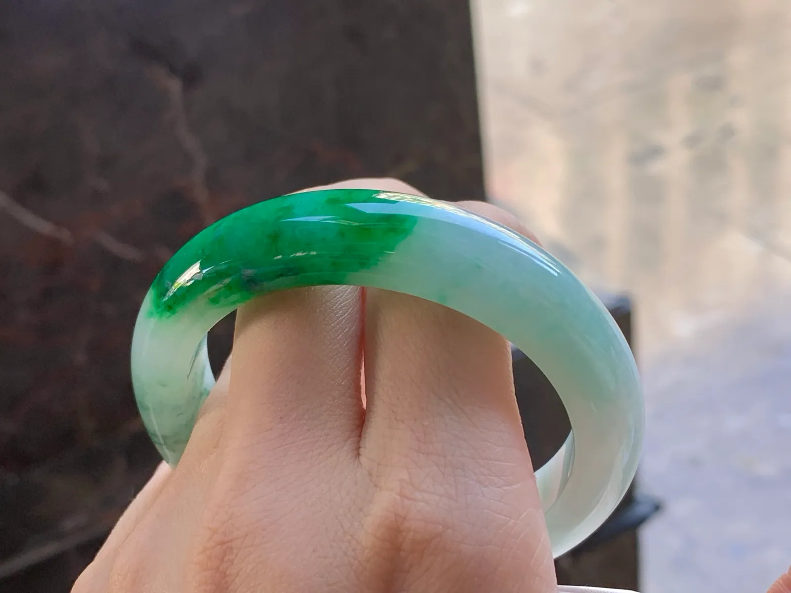 Type A Jadeite Flat Bangle, Icy-Glutinous Green Band, 54.8mm (9)