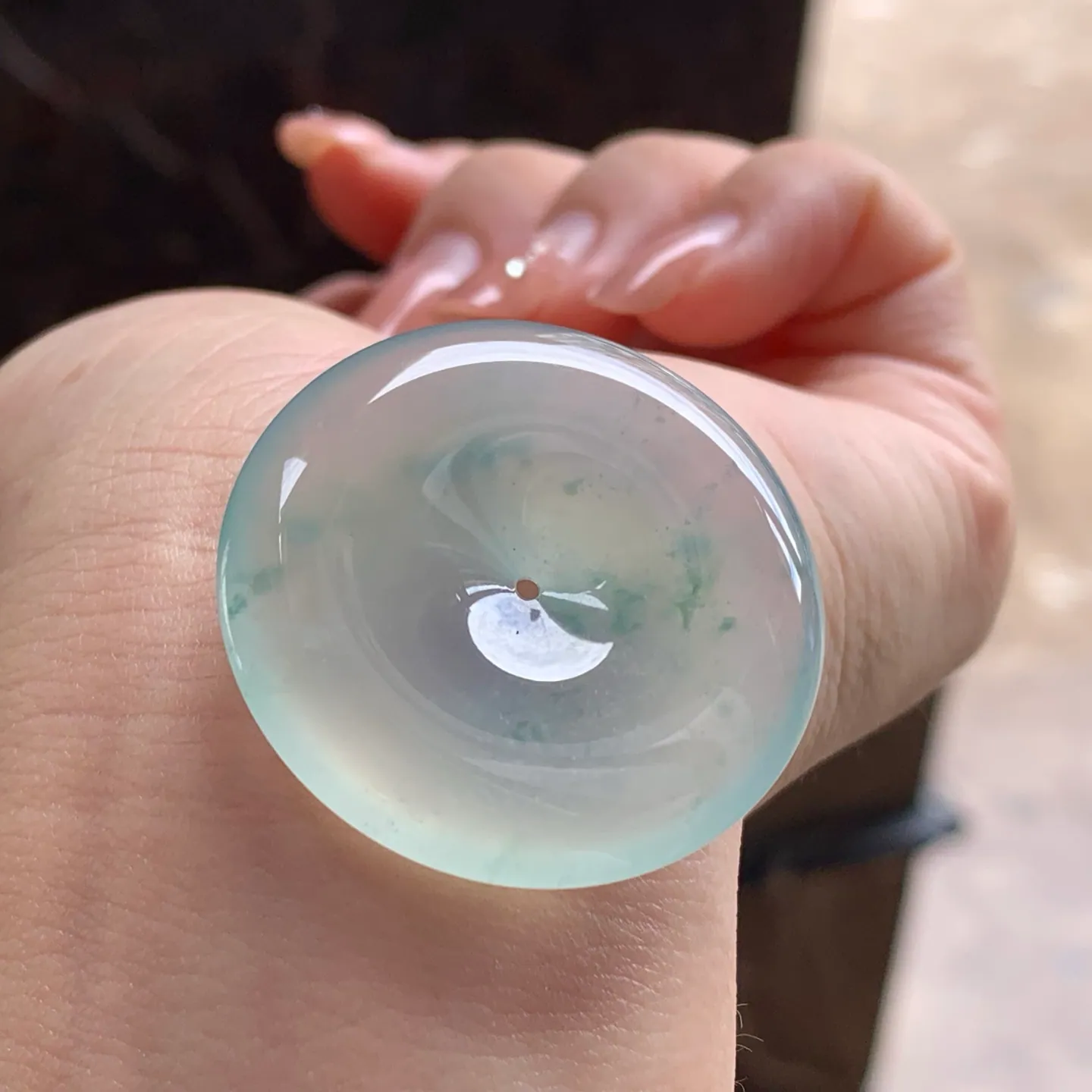 Type A Jadeite Safety Coin Pendant, Icy Blue Flower, 35mm (7)