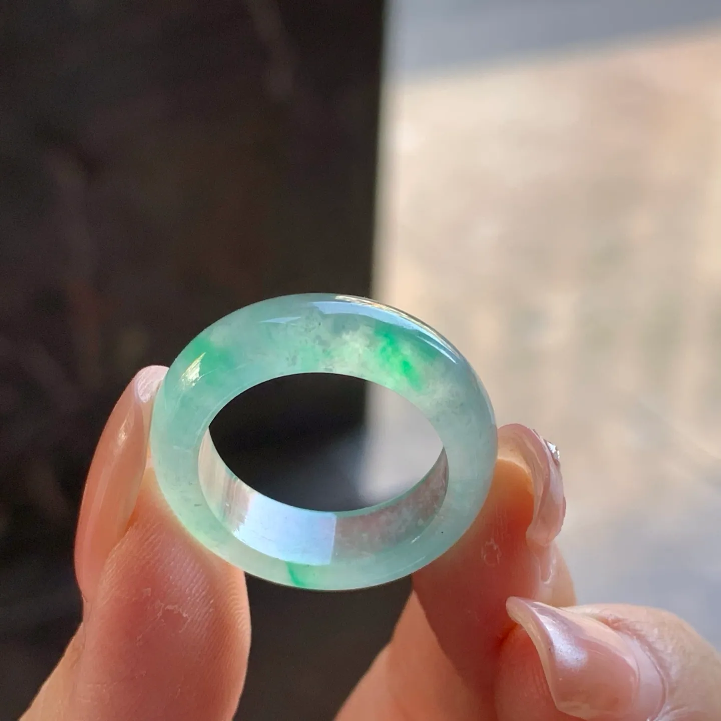 Type A Jadeite Band Ring, Icy Green Flower, 17.7mm