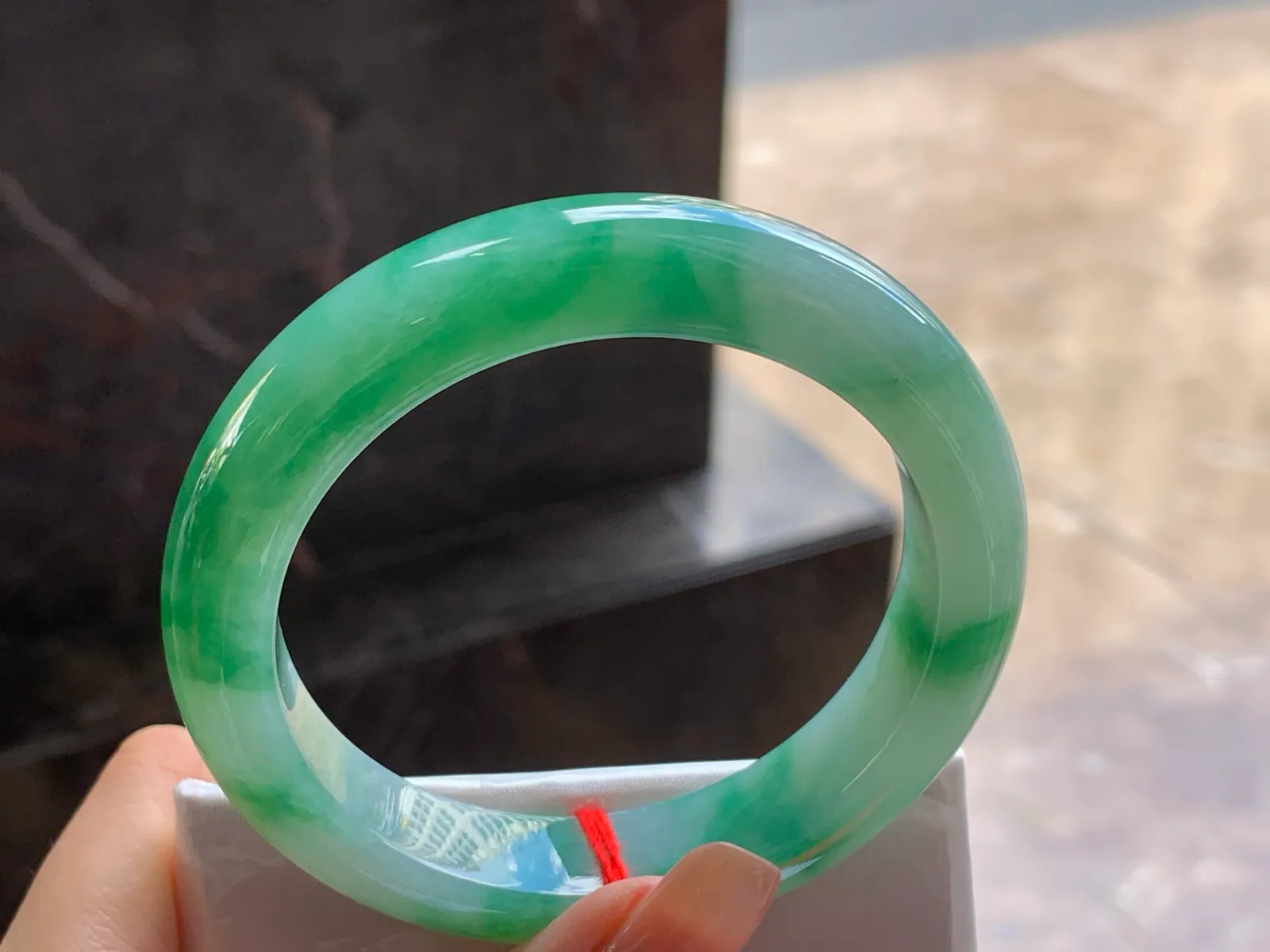 Type A Jadeite Flat Bangle, Green Flower, 57.5mm (5)