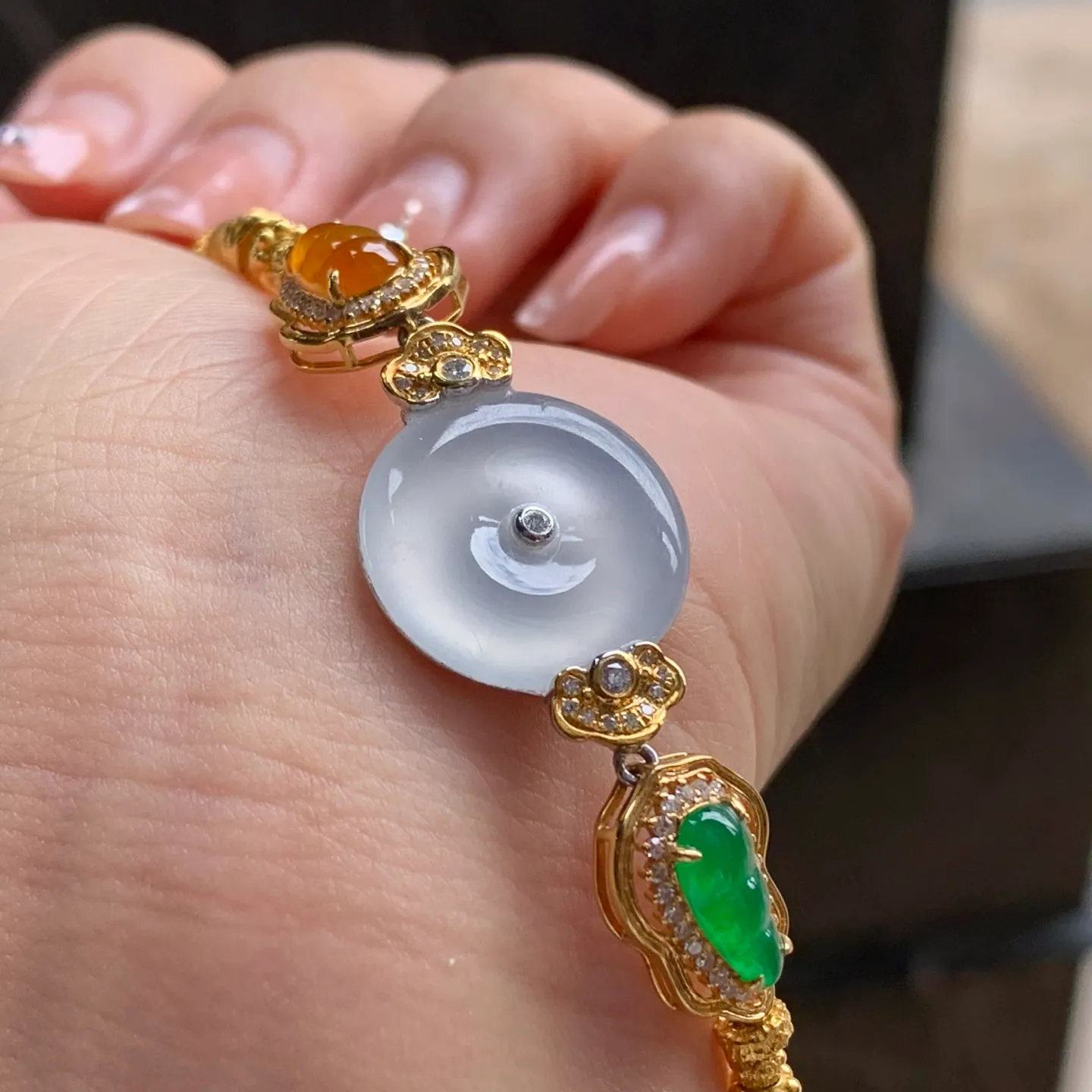 Type A Jadeite Gold Bracelet, Icy Safety Coin, Multicolor