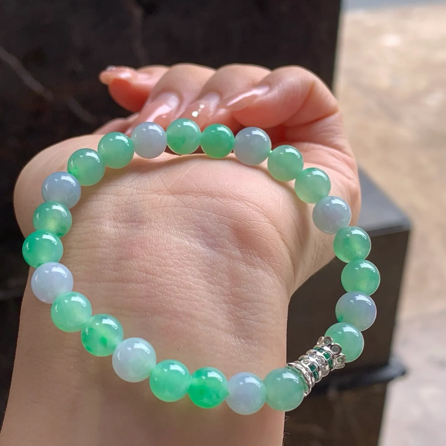 Type A Jadeite Bead Bracelet, Green & Lavender, 7.1mm (3)