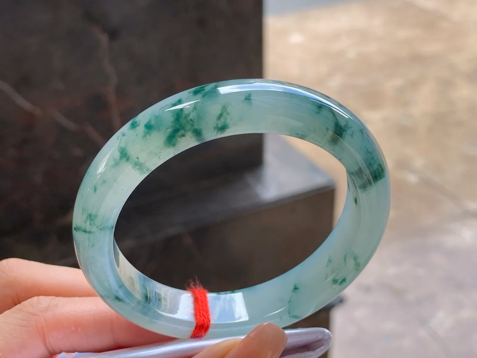 Type A Jadeite Bangle, Icy, Green Floating Flowers, 57.5mm (3)